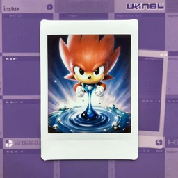 instax polaroid surreal, sharp, detailed professional, high quality airbrush art MGMT album cover of a liquid dissolving LSD DMT sonic the hedgehog, purple checkerboard background, faded, 1990s 1992 Sega Genesis video game album cover
