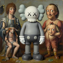 kaws figure by james jean and salvador dali and shusei nagaoka, oil on canvas, exquisitely intricate details, surrealism, neoclassicism, renaissance, hyper realistic, ultra detailed, cell shaded, 8 k