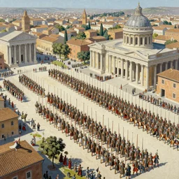 A mixed media painting of Rome with Roman legionaries assembled in a military parade formation in the center of the city, isometric view, by Frank Frazetta, Boris Vallejo, Greg Rutkowski, Beeple, Yoko Taro, Christian MacNevin, epic fantasy character art, roman numerals, high fantasy, CGsociety, full length, exquisite detail, post-processing, masterpiece, cinematic, tiny crimson petals falling, Rome backdrop