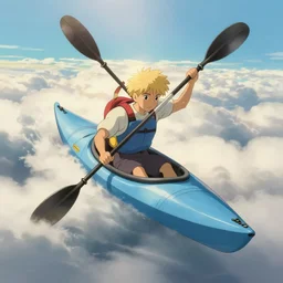 blond kayaker paddling in his light blue kayak!!!!! above the clouds in the sky, by James Gilleard, studio ghibli, highly detailed trending at artstation, 4k, hdr, backlight