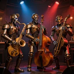 night club, 3 steampunk robot jazz musicians, cinematic lighting, exaggerated detailed, unreal engine, art by greg rutkowski