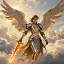 A beautiful fierce angel with wings, wearing metal battle armor and a flaming sword, among heavenly sunlit clouds, intricate, elegant, digital painting, golden hour photography, cinematic, trending on artstation, concept art, smooth, sharp focus, realism, illustration, art by artgerm and Greg Rutkowski and Alphonse Mucha