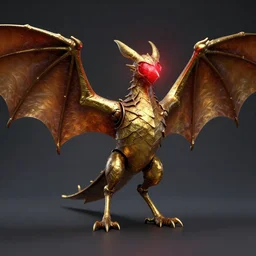 kothophed, soul hoarder!!!, reaper of night!!!!, golgari findbroker, a metal bird shaped like a bat with a glowing red heart for a head!, a leathery golden body that folds into itself at the joints and wings spread wide as if it is taking off!!