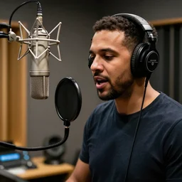 A photograph of a bird wearing headphones and speaking into a high-end microphone in a recording studio