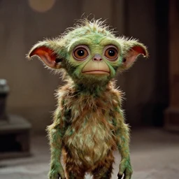 A singular creature mix between Dobby and Gollum, green skin, center frame medium shot, shot on technicolor cinemascope 35mm anamorphic lense, flare, film grain, still from a 1980's movie