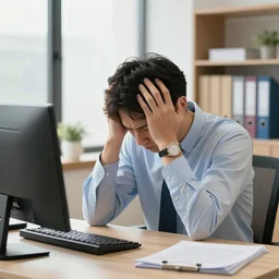 office worker sitting at the table and hug his head, photorealistic, magazine photo style