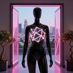 beautiful mannequin sculpted out of black glass by billelis + lit with 3 d geometric neon + city of los angeles in background!, a doorway opening with neon pink geometric light + flowering bonsai plants!!, transcendent, clean linework, hyper detailed, 4 k, trending on artstation, photorealistic, rule of thirds, volumetric lighting, octane render