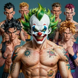 8 k portrait of tough godlike psychedelic clown from macfarlane comics, ( ( ( smirk ) ) ) detailed vfx tattoos by craig mullins, ilya kuvshinov, indomitable, saiyan hair, krenz cushart, bloody clothes, muscular, symmetry accurate features, epic, artgerm trending on artstation by edward hopper and dan mumford and wlop and rutkovsky, bek