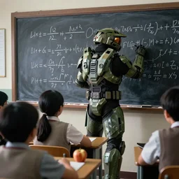 a nostalgic analog photograph of Master Chief from Halo in front of a class of alien students, writing math equations on the blackboard in the background, an apple on his desk. Ultra HD 8k
