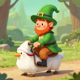 A photograph of a leprechaun riding a gnome.
