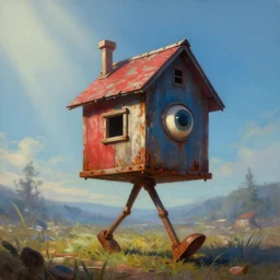 a walking wood and metal house with two legs and one big eye, rust, hyperrealistic, highly detailed, cinematic, single ray of sun, morning, pareidolia, gravity falls style, red and blue, beautiful, cgssociety, artstation, 8 k, oil painting, digital art