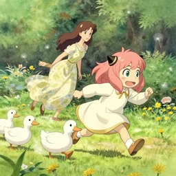 a wholesome animation key shot of anya forger chasing ducks at the park, studio ghibli, pixar and disney animation, sharp, disney concept art watercolor illustration by mandy jurgens and alphonse mucha and alena aenami, pastel color palette, dandelion seeds float, bloom, dramatic lighting