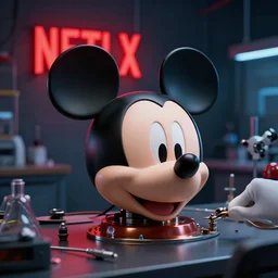 render of mechanics repairing 3 d mickey mouse head in science lab, behind is glowing red netflix logo, made by beeple, cgsociety, unreal engine, octane render, greg rutkowski, alphonse mucha, cinematic lighting, dark room, low light, sharp focus, 4 k highly detailed art