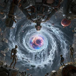 a machine god in the machine universe encounters a living being organic cosmos inside an asymmetric orthogonal non - euclidean upside down inside out world with an infinite cosmic spiral waterfall of living information, inspired by android jones and beeple and chiharu shiota, hyperrealistic, extreme detail, digital art, concept art, rendered in cinema 4 d, cryengine 8 k