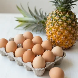 a table with eggs and a pineapple on it