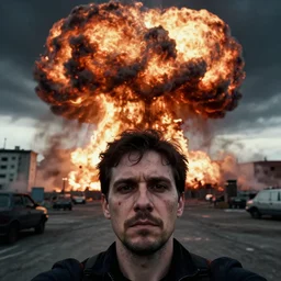 last human selfie, horror color photo selfie, nuclear explosion in background