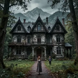 a spooky gothic mansion in the woods with mountains in the back, a trail leads to the doors. amy weber, andi rusu, Dan Frazier