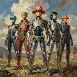 the cast of one piece in cybernetic suits, oil painting,