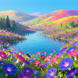 digital illustration of a lake full of multi - colored megaflora morning glory flowers by dr. seuss, reimagined by ilm and beeple : 1 | spectral color, electric color, rolling hills : 0. 9 | fantasy : 0. 9 | unreal engine, deviantart, artstation, hd, 8 k resolution : 0. 8