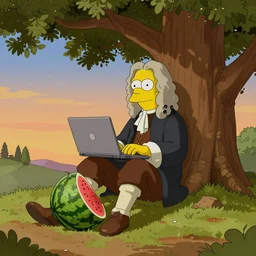 sir isaac newton sitting under a tree on a hill holding a macbook - pro, a big broken watermelon is lying on the ground next to him, a cartoon in the style of the simpsons
