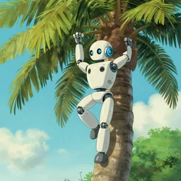 a robot climbing a coconut tree, ultrarealistic, hyperdetailed, cinematic, studio ghibli