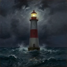Lighthouse in a stormy atlantic ocean, in darkness, night sky, 1am, oil-on-canvas by Ivan Aivazovsky