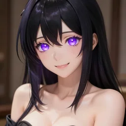 coyly grinning anime babe with glossy black hair, abs, glowing purple eyes, and soft skin
