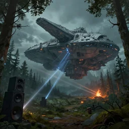 a giant megastructure spaceship wrecked and lost in the forest, a small fire in the distance, large lasers and a powerful sound system on the left, detailed digital art by greg rutkowski.