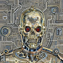 portrait of a menacing evil villain robot, glowing dark red eyes, metal teeth, striking, Terminator, Ultron, sci-fi, facial features, skull shape, circuitry, C-3PO