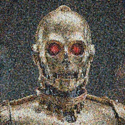 portrait of a menacing evil villain robot, glowing dark red eyes, metal teeth, striking, Terminator, Ultron, sci-fi, facial features, skull shape, circuitry, C-3PO