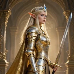 standing queen elf profile view with diamond headband and armor in golden and silver colors and a curve long sword, full body, detailed face, blue eyes, epic masterpiece of cinematographic hyperrealism, realistic shaded lighting poster by craig mallismo, artgerm, jeremy lipkin and michael garmash, unreal engine, radiant light, detailed and intricate environment, digital art, art station trends