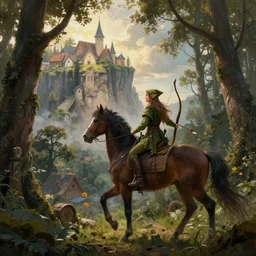 an elf with a bow and arrow in her hand rides a horse through the woods. towards a village that is set in a cliff. mystical style