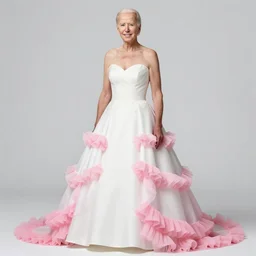 picture of joe biden in a dress, pink frills, wearing a wedding dress