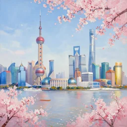 the abstract painting of a panorama of shanghai full of sakura illustration by leonid afremov