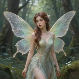 beautiful forest fairy in a scenic woods, sweet, graceful wings muted colors, sharp focus, fantasy art, fairy aesthetics, intricate, elegant, highly detailed, hyperrealistic painting, artstation, concept art, painterly, dreamy, sofy illumination, hasselbrad photography, illustration, art by scot howden