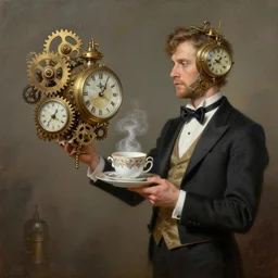 a butler made of clocks and cogs holding a plate of tea cups, steam punk, painting.