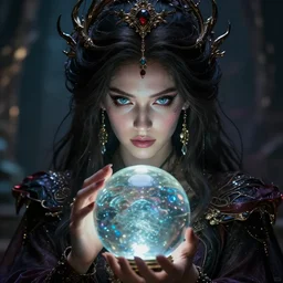 enchanting femenine witch gazing into a crystyal ball she is holding, hyper attractive, seductive, very complex, hyper - maximalist, overdetailed, legendary cinematic, archetype with timeless beauty breathtaking eyes, highly intricate, realism, perspicious detail, photorealistic, lifelike, dslr 8 k, unbeatable coherency, final fantasy style