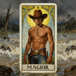 a dramatic, epic, ethereal tarot painting of a handsome!! brown! shirtless cowboy (wearing a hat) | background is a torrential flooding river | tarot card, art deco, art nouveau | by Mark Maggiori | trending on artstation
