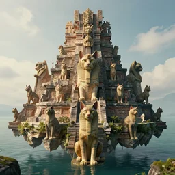 hyperrealistic dslr film still of floating mayan temple in the middle of a lake devoted to sphinx cats, stunning 8 k octane comprehensive 3 d render, inspired by istvan sandorfi & greg rutkowski & unreal engine, perfect facial symmetry, dim volumetric cinematic lighting, extremely hyper - detailed, incredibly real lifelike attributes & flesh texture, intricate, masterpiece, artstation, stunning