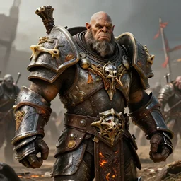 film shot of a war craft orc wearing a medieval steel armor of metallic bone carved with burned wood and gold details in a battleground, warcraft concept art design, blizzard games, hyper realistic concept art, 4 k, high quality render, volumetric lighting, cinematic composition, beauty photography film quality