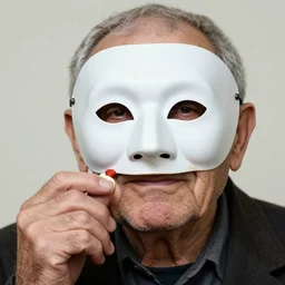 close - up portrait of a wrinkled old man wearing a pulcinella mask holding up a pizza!! to behold, clear eyes looking into camera, baggy clothing and hat, masterpiece photo by manny librodo