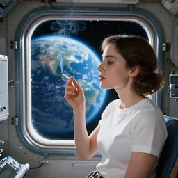 a woman smoking a cigarette in a space station with a view of earth through a window