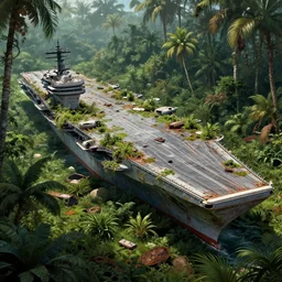 huge aircraft carrier, USS Nimitz, overgrown with vegetation laying on the ground of a tropical forest, rotten, rusty, post appocalyptic illustration by Luis Royo, by Greg Rutkowski, dark, gritty, intricate, cover illustration, concept art, volumetric lighting, volumetric atmosphere, sharp focus, octane render, trending on artstation, 8k