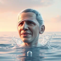 a funny sculpture of a obama squashed human head made from juicy jelly wrapped in cling film with ice cream spread on it on ocean water, funny face, brain, giant bubbles, 3 d objects, realistic water splashes, water art, vibrant, in the style of mike campau, cg render, ray tracing, 8 k resolution, sharp