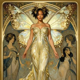 rihanna as a fairy with butterfly wings, intricate, elegant, d & d, powerful, fantasy, art nouveau, art by art by artgerm and greg rutkowski and ruan jia and peter polach