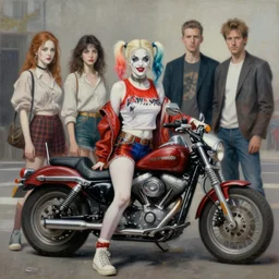 pop surrealism, lowbrow art, realistic harley quinn painting, japanese street fashion, hyper realism, muted colours, rococo, natalie shau, loreta lux, tom bagshaw, mark ryden, trevor brown style,
