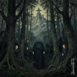 ancient forest, artstation, by aubrey beardsley, by caspar david friedrich, by laurie lipton, by kay nielsen, by ivan shishkin, calligraphy, divine, spiritual, paradox, mysterious!, atmospheric, surreal, terrifying, witchcraft!, hope, mountains! background