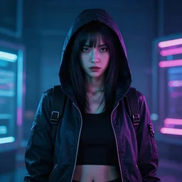 realistic femme human woman mysterious hacker neon cyberpunk
