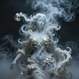 A beautiful form made of pale blue smoke in the style of Aldo Katayanagi + Thick Milky Smoke + Mother Of Pearl +Milk and ink+ Iridescent smoky Elements + Moody Cinematic Lighting + Deep Shadows + Hyper Realistic + Maximalist Composition + Intricate Eldritch tendrils  + 8K portrait + fluid dynamics