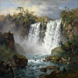cascading waterfalls in paradise , Ivan Aivazovsky, Christopher Balaskas, Noah Bradley, Albert Bierstadt, Jim Burns, Edwin Church, Frederic Thomas Cole, Brown Durand, Asher David Friedrich, Caspar James Gurney, Johnson Heade, Martin Raphael Lacoste, Ted Nasmith, Andreas Rocha, Christophe Vacher